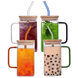 400ml High Beauty high borosilicate square glass cup with lid and straw