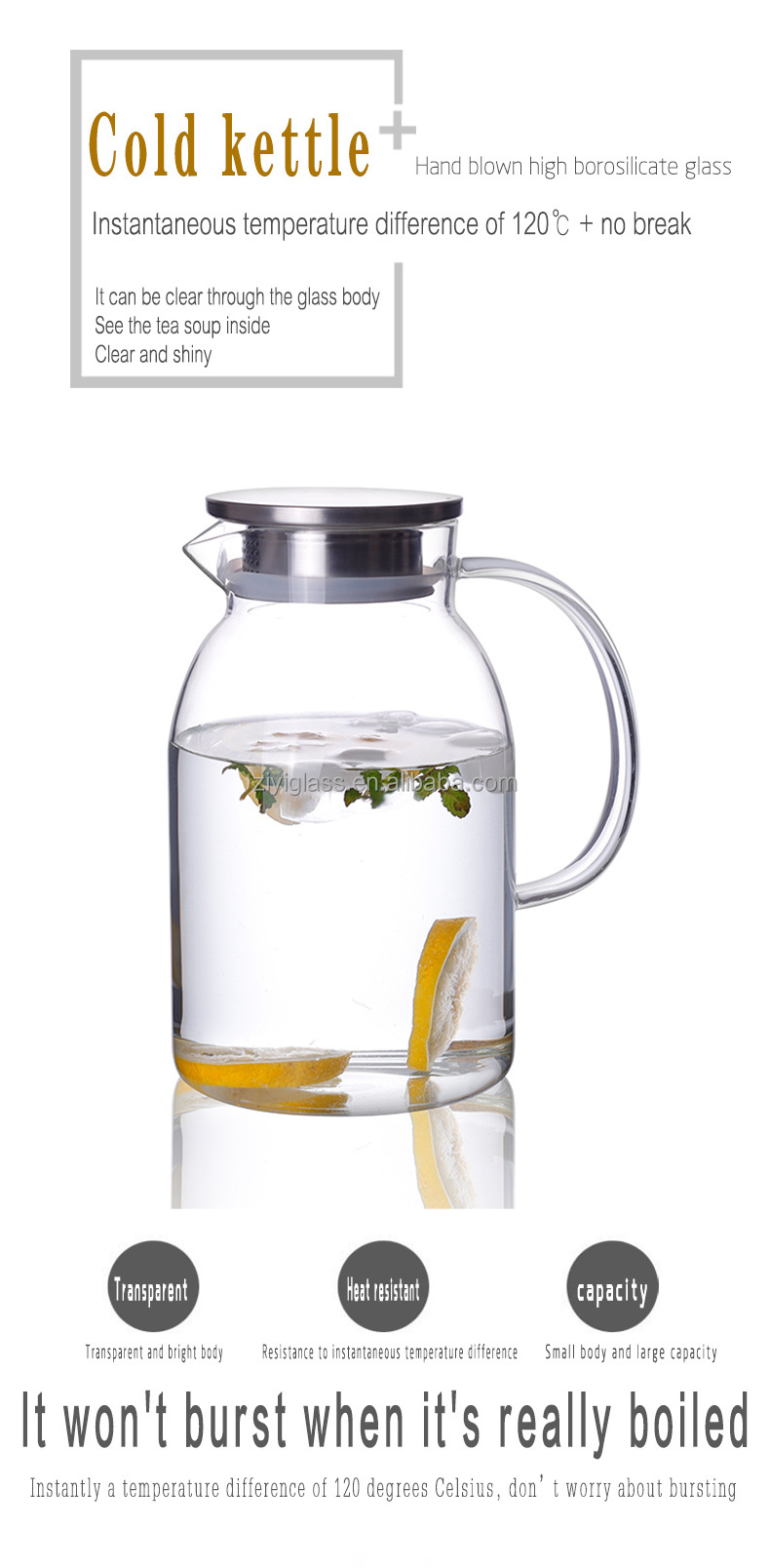 1500ml 1700ml Glass cold water kettle borosilicate glass pitcher drinking water jug