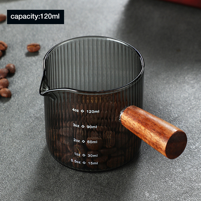 Custom logo 100ml 120ml glass Measuring Coffee Milk Cup with Wood Handle