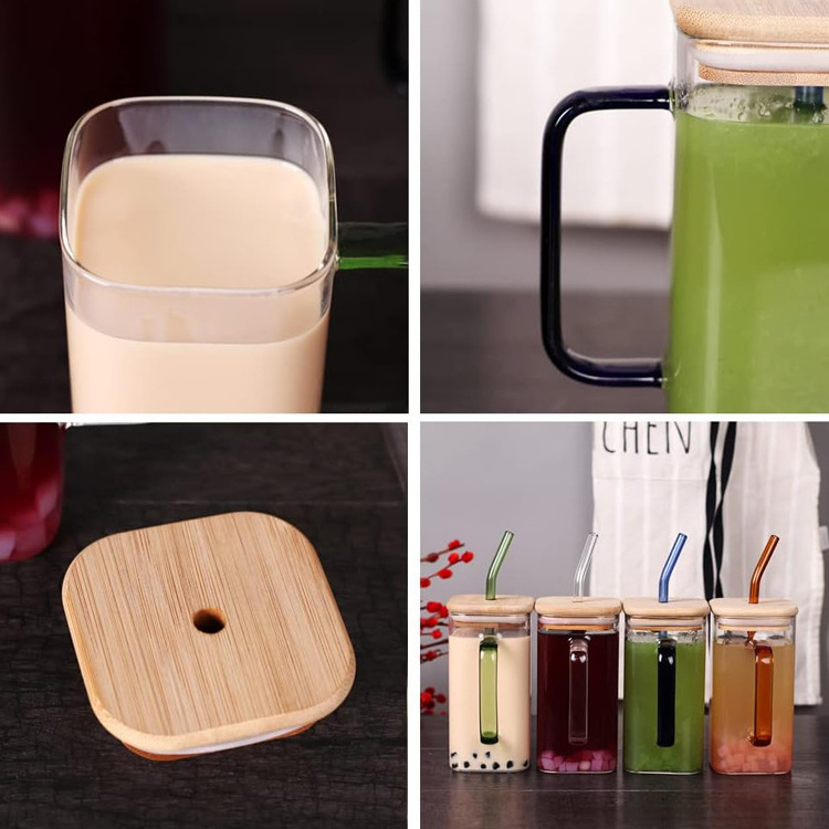 400ml High Beauty high borosilicate square glass cup with lid and straw