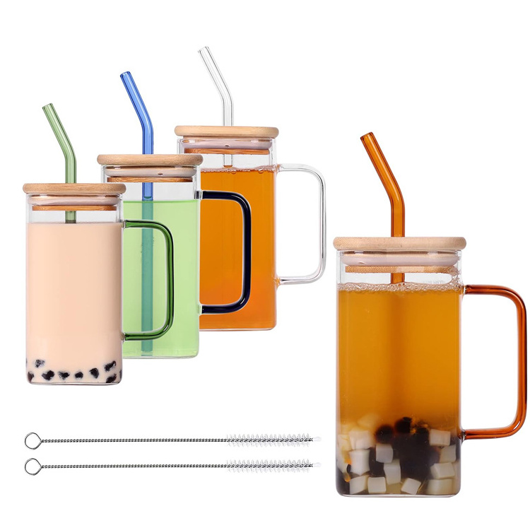 400ml High Beauty high borosilicate square glass cup with lid and straw