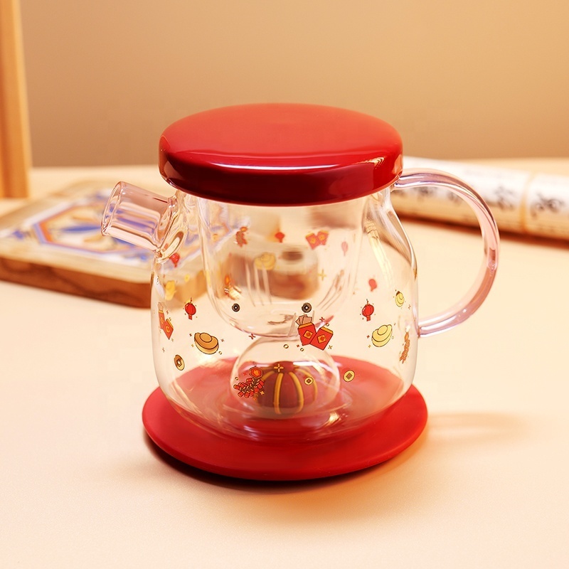 Red Lantern Glass Tea Pot and Cup Set New Year Gift Glass Tea Set