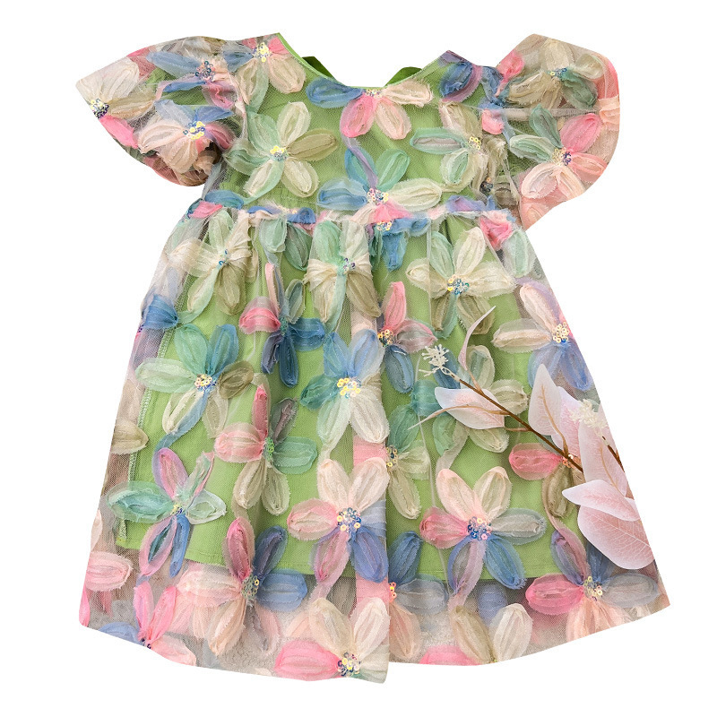 2023 summer wholesale infant baby girls puff sleeve dresses toddler kids multi flower dress princess clothing casual outfit