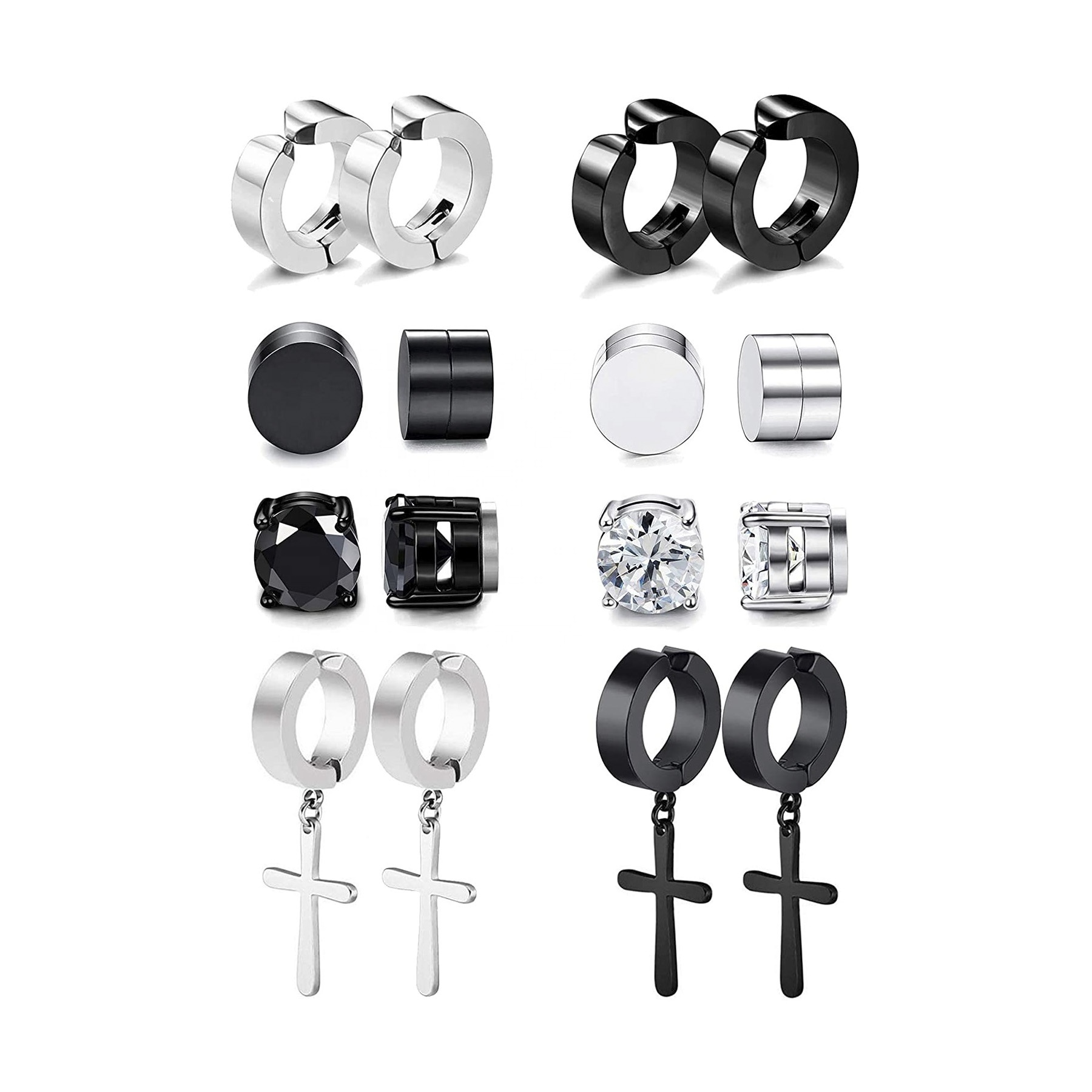 Custom Stainless Steel Black Stud Earrings Clip On Cross Simple Magnet Earring for Men