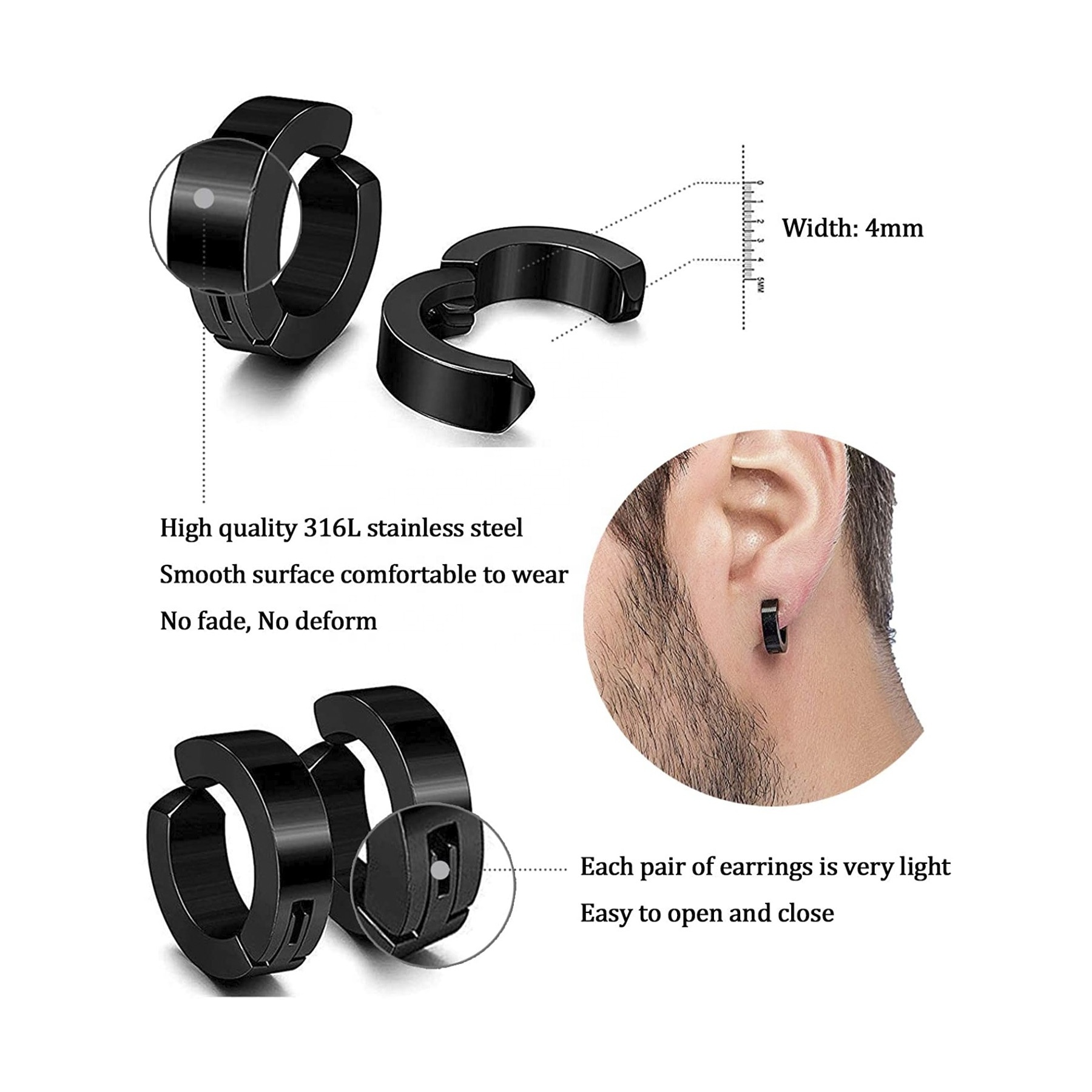 Custom Stainless Steel Black Stud Earrings Clip On Cross Simple Magnet Earring for Men