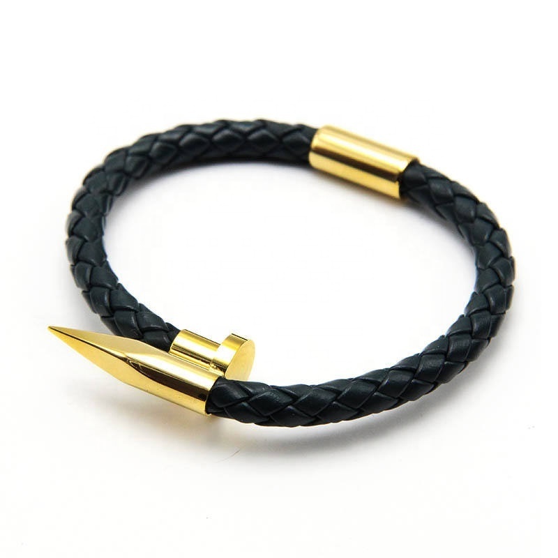 Zyo Trendy Simple Men Punk Style Braided Bracelet Women Sweet Stainless Steel PU Genuine Leather Nail M Bracelet