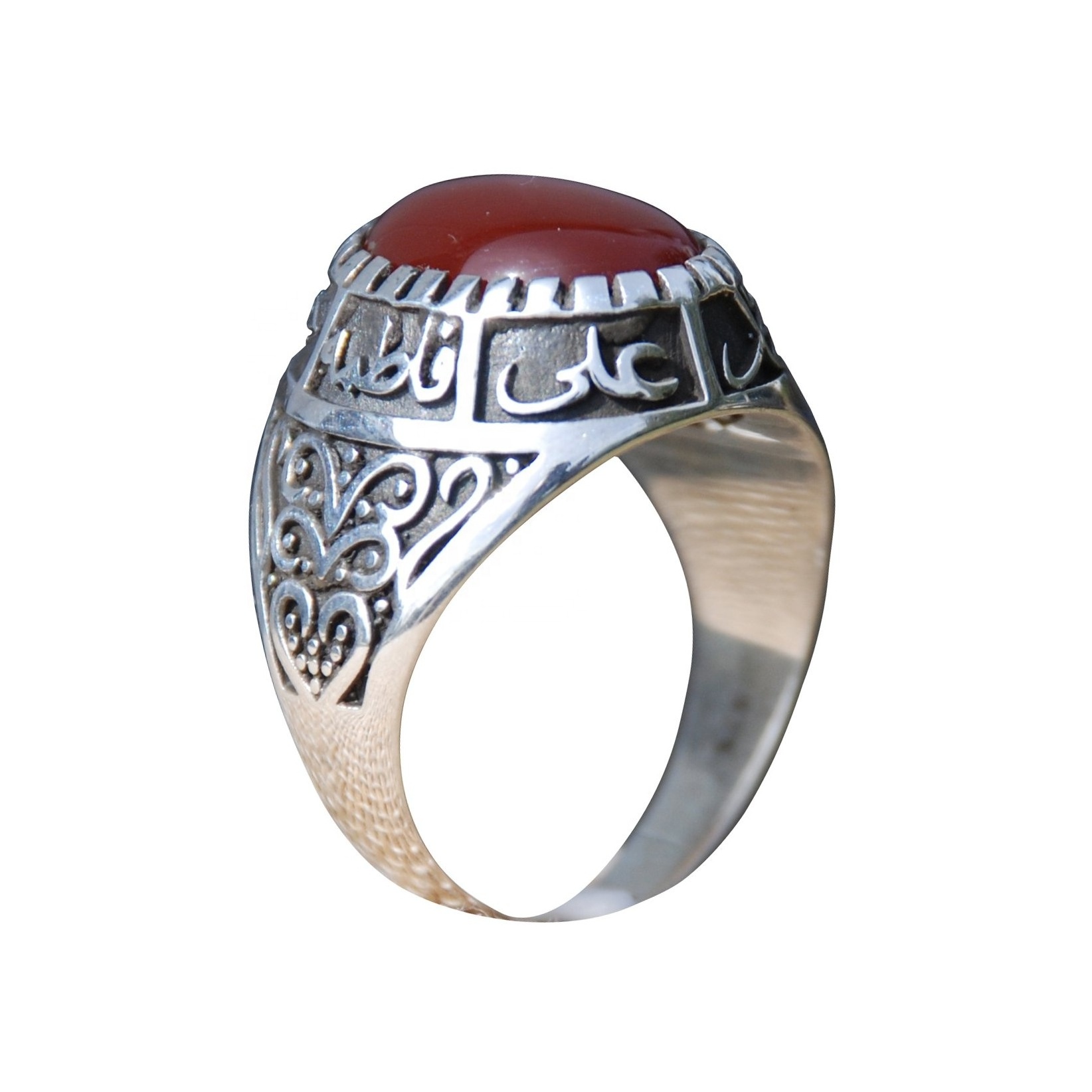 Zyo Custom Brass Gemstone Ruby Finger Ring Vintage Silver Copper Arabic Letter Islamic Rings for Muslim Men