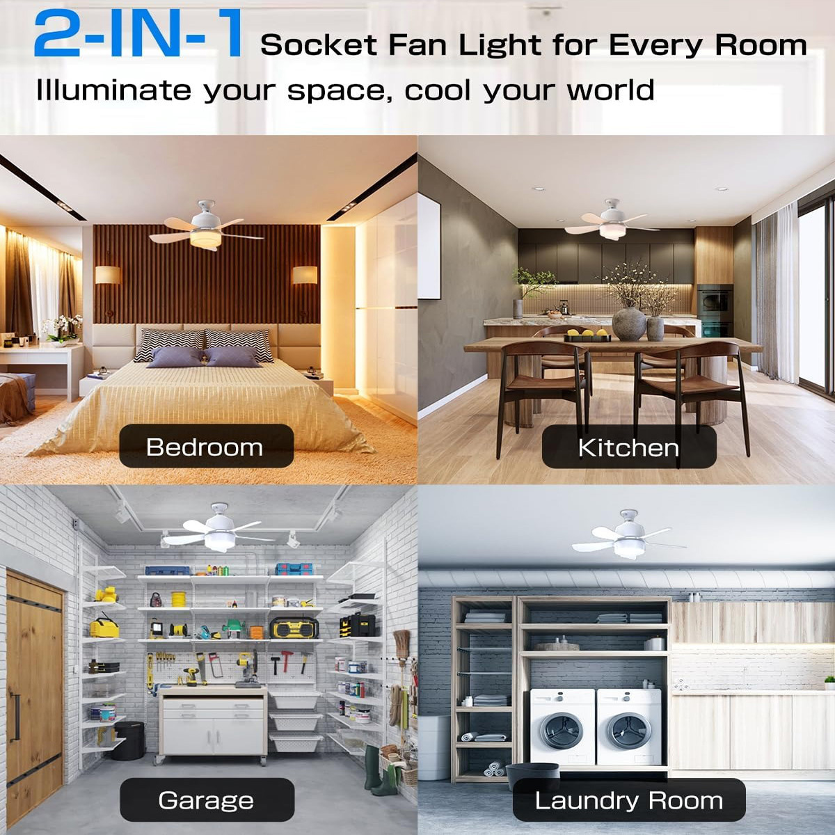 Factory CE UL Best 1000 Lumens Ceiling Fan with Light Remote 3 Gear Wind Speeds E26 E27 Bladeless Dimmable LED Socket Fan Lights