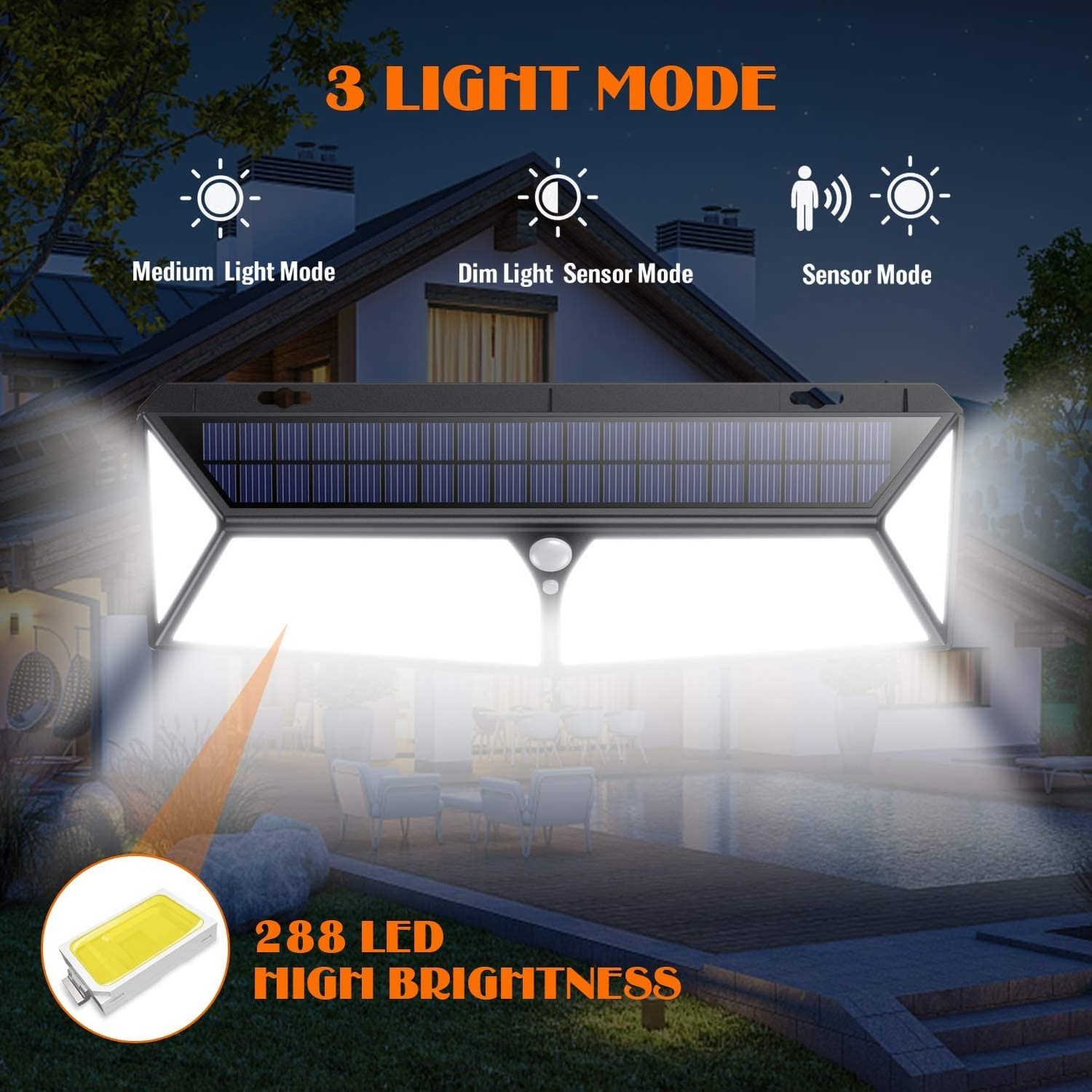 Super Bright 2500lumens 288 LED  IP65 Waterproof Motion Sensor solar lights outdoor 288 led solar fence light with charger