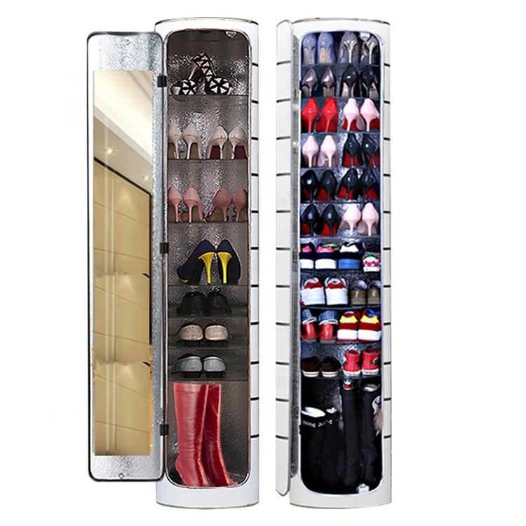 Living room rotatable shoe cabinet hot selling PVC 360 rotating shoe rack with mirror function