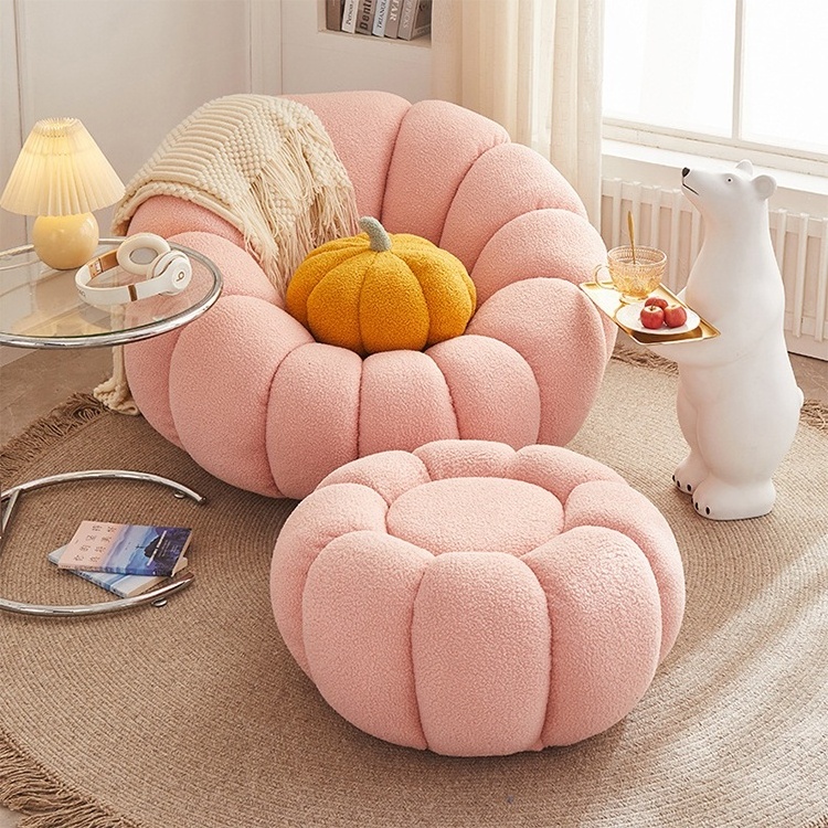 Living room cream white lazy pumpkin sofa shaped boucle swivel lounge chair with footstool