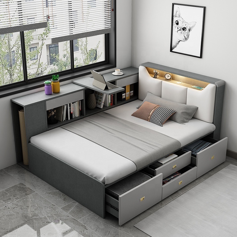 Modern space saving furniture bedroom functional wooded single double storage twin wood beds