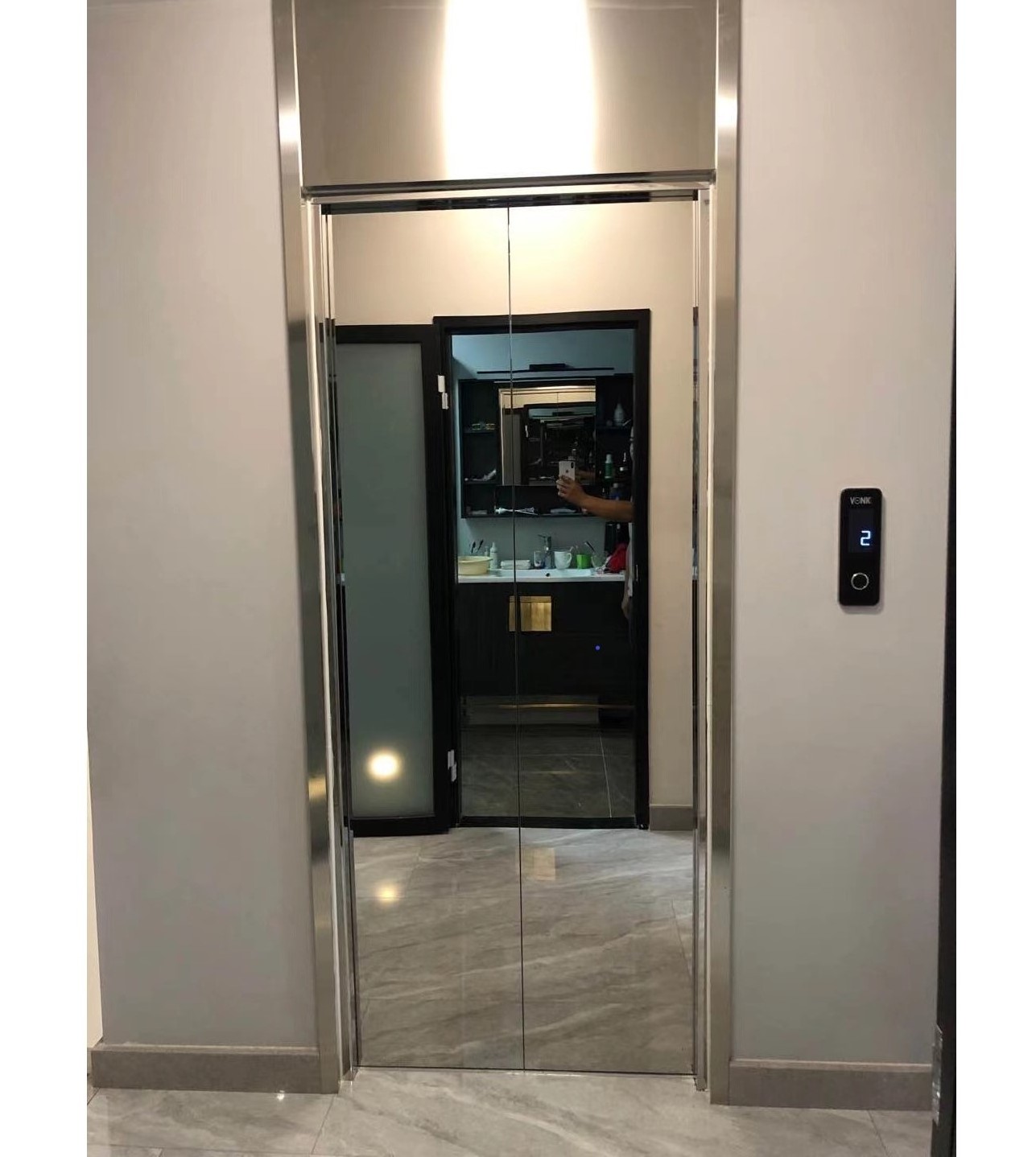 CE certified Machine roomless home elevator with hairline stainless steel and panorama glass decoration