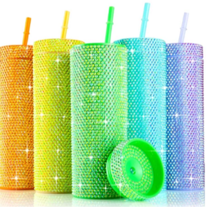 Thermal Straw Rhinestone Tumbler Plastic Shiny Glitter Water Bottle With Lid 20oz Bling Diamond Studded Tumbler