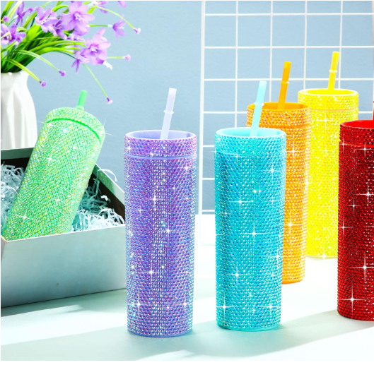 Thermal Straw Rhinestone Tumbler Plastic Shiny Glitter Water Bottle With Lid 20oz Bling Diamond Studded Tumbler