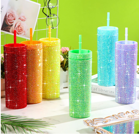 Thermal Straw Rhinestone Tumbler Plastic Shiny Glitter Water Bottle With Lid 20oz Bling Diamond Studded Tumbler