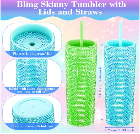 Thermal Straw Rhinestone Tumbler Plastic Shiny Glitter Water Bottle With Lid 20oz Bling Diamond Studded Tumbler