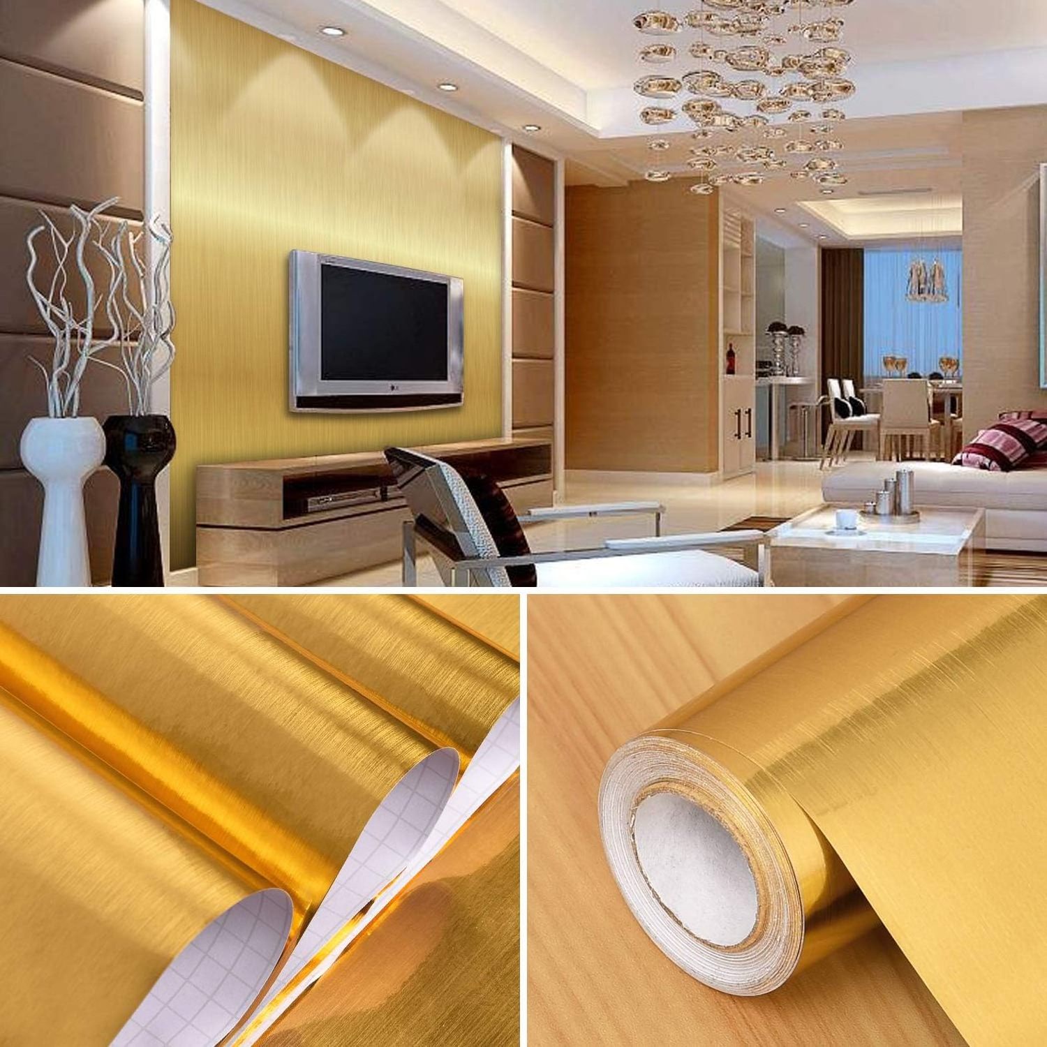 Hot selling Metallic Wallpaper Peel and Stick Gold Stainless Steel Wallpaper Brushed Self Adhesive for Decor Kitchen