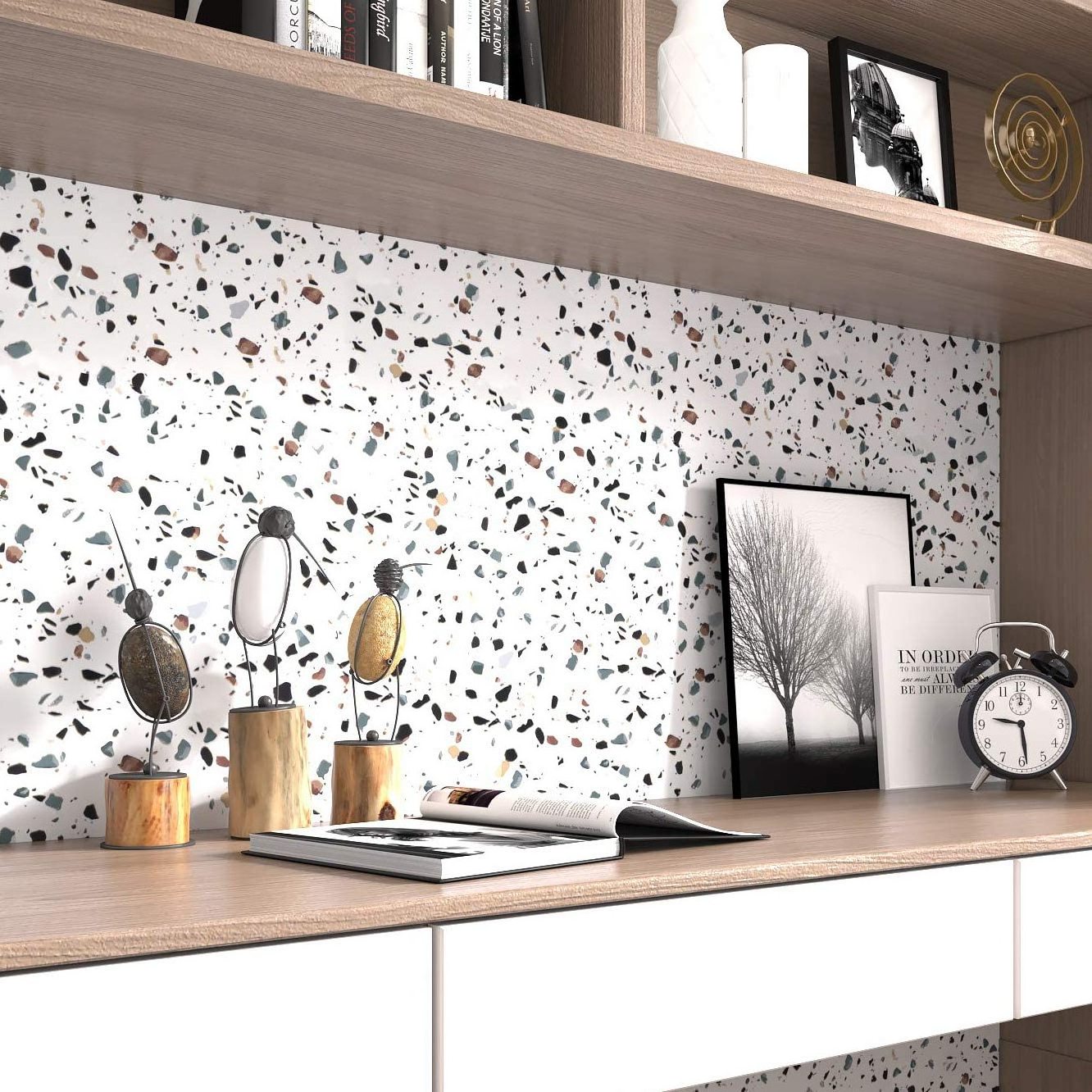 ORON Glossy White Terrazzo Self Adhesive Marble Contact Paper for Kitchen Countertops Waterproof Marble Vinyl Wallpaper