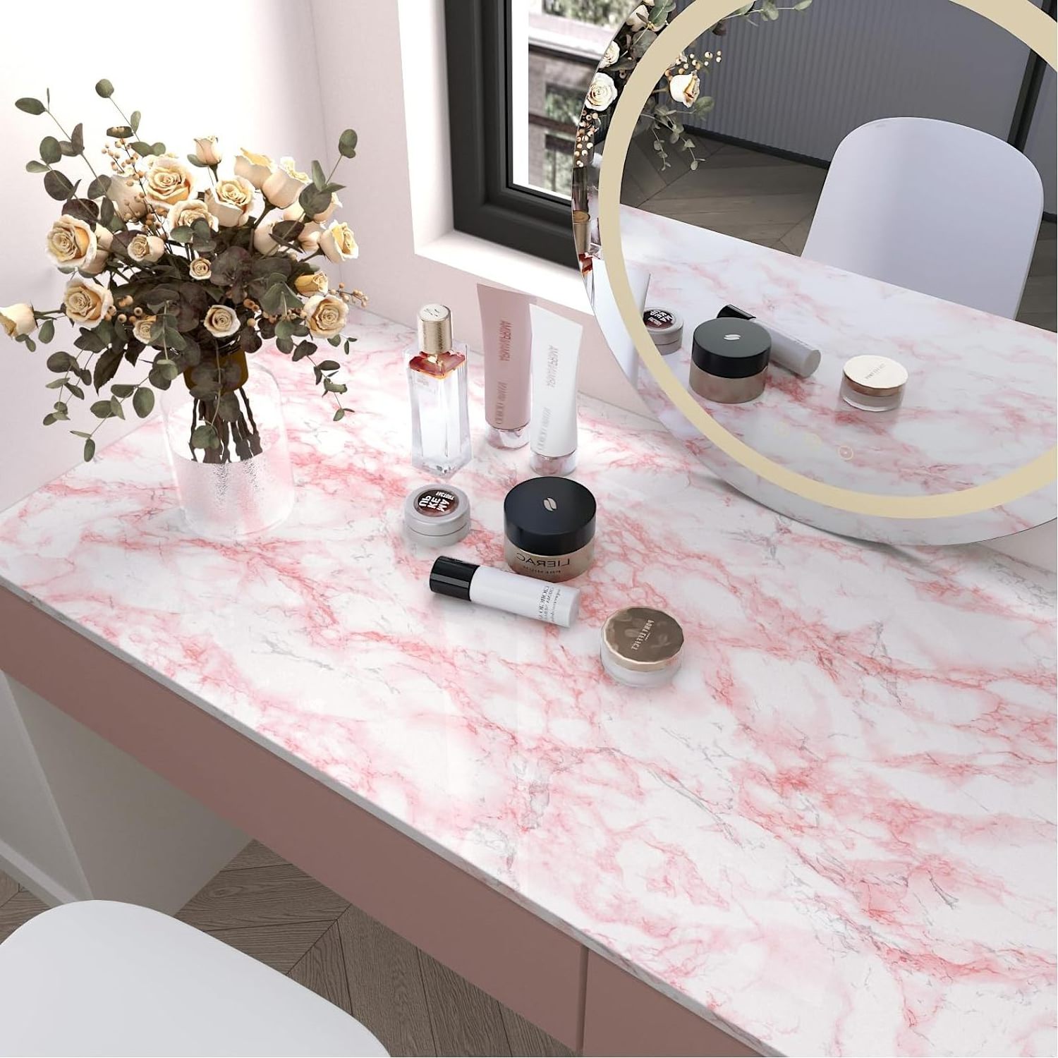 ORON Glossy Pink White Marble Wallpaper Peel and Stick Waterproof Self Adhesive Marble PVC Sticker Wallpaper for Wall