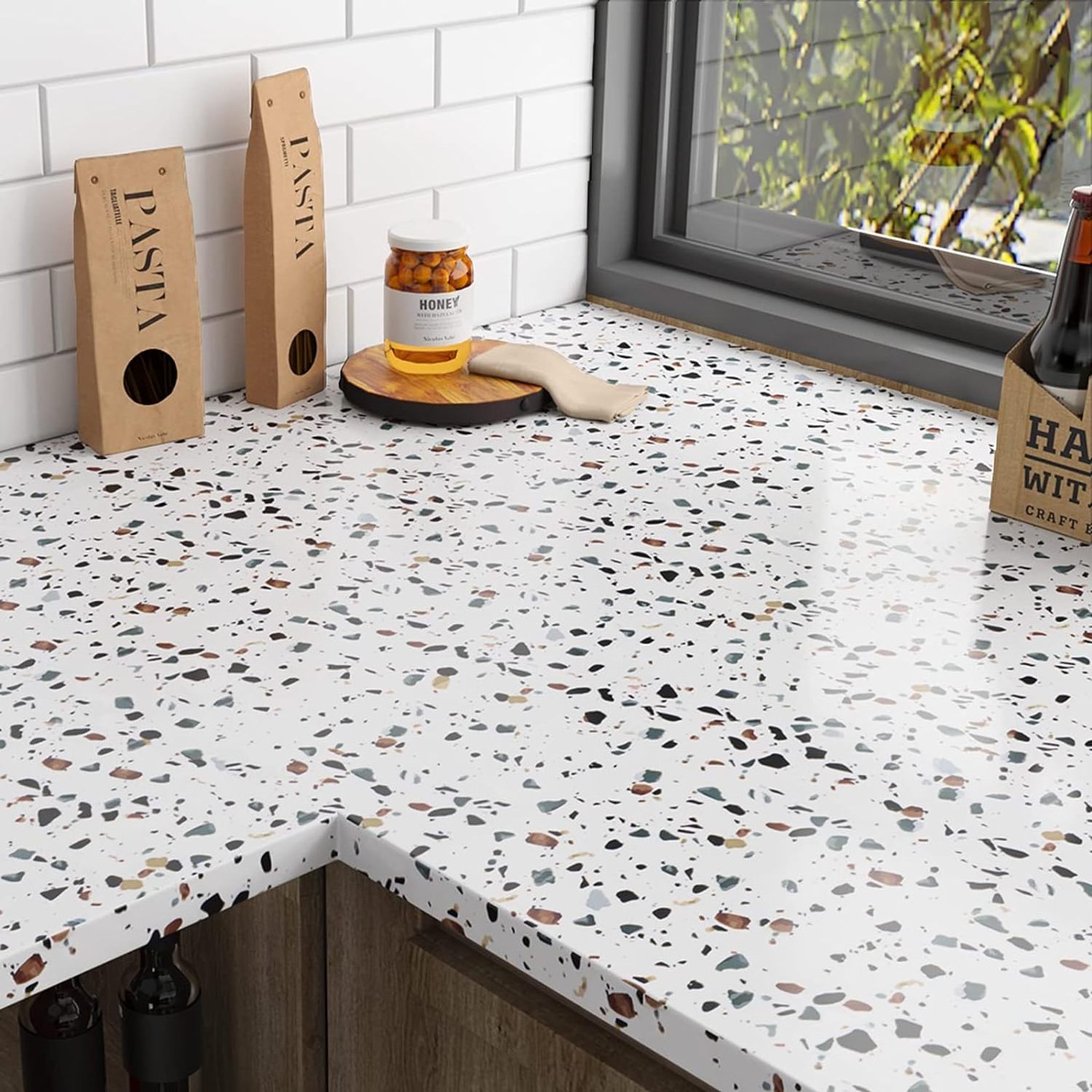 ORON Glossy White Terrazzo Self Adhesive Marble Contact Paper for Kitchen Countertops Waterproof Marble Vinyl Wallpaper