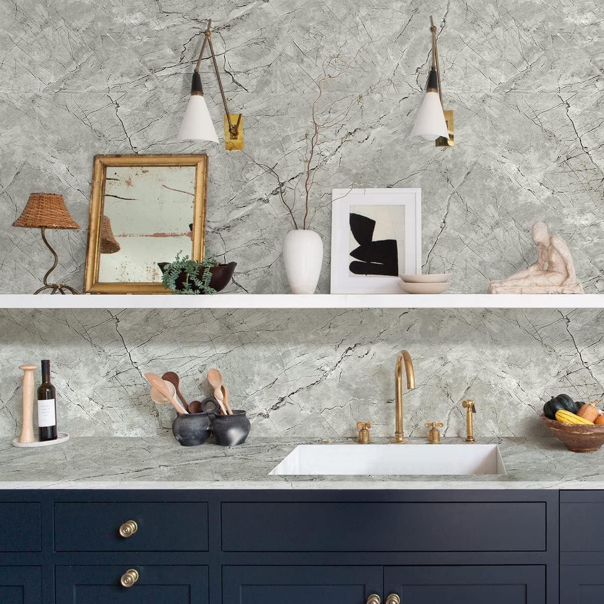 Gray Glossy Marble Design Wallpaper Peel and Stick Granite Removable Self Adhesive Wallpaper for Kitchen Cabinets