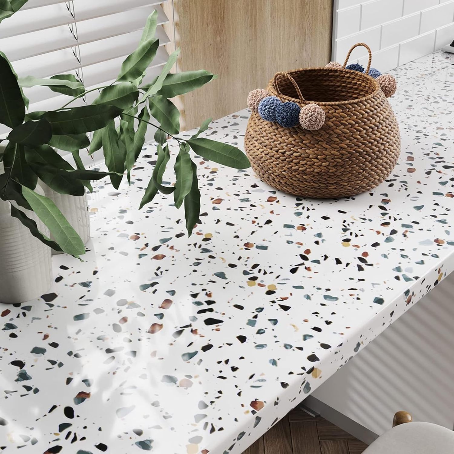 ORON Glossy White Terrazzo Self Adhesive Marble Contact Paper for Kitchen Countertops Waterproof Marble Vinyl Wallpaper