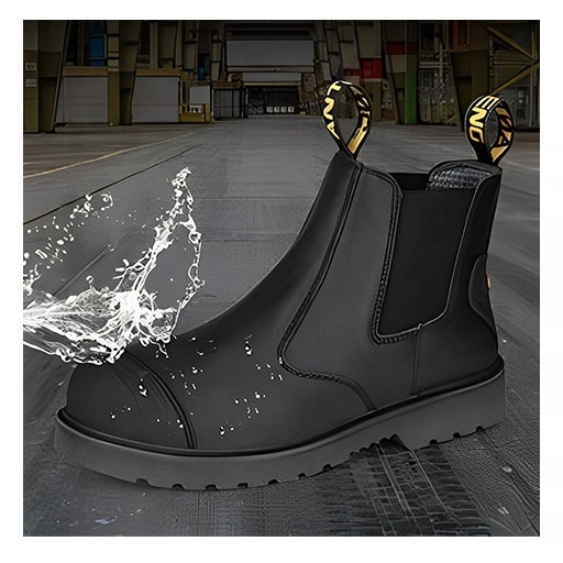 ANTENG Leather Safety Shoes Steel Toe Anti Smashing Rubber Sole Black Water proof Genuine Leather Work Safety Boots