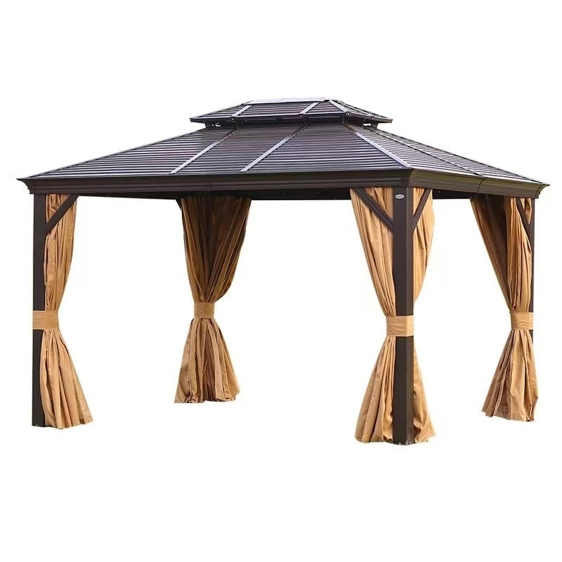 Modern 10'x12' Solid Wood Patio Gazebo Cedar Framed Outdoor Pavilion Cabana with Waterproof Black Steel Gable Hardtop Roof