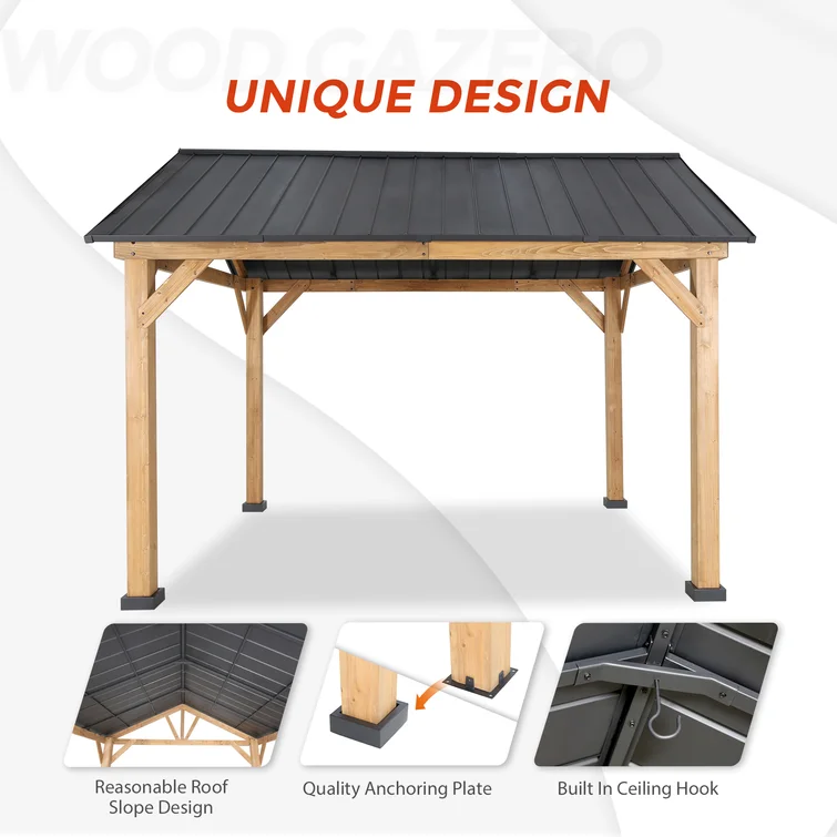 Wholesale 13'x11' Outdoor Cedar Framed Solid Wooden Pergola Gazebo with Black Steel Hardtop Roof Waterproof Aluminum Frame