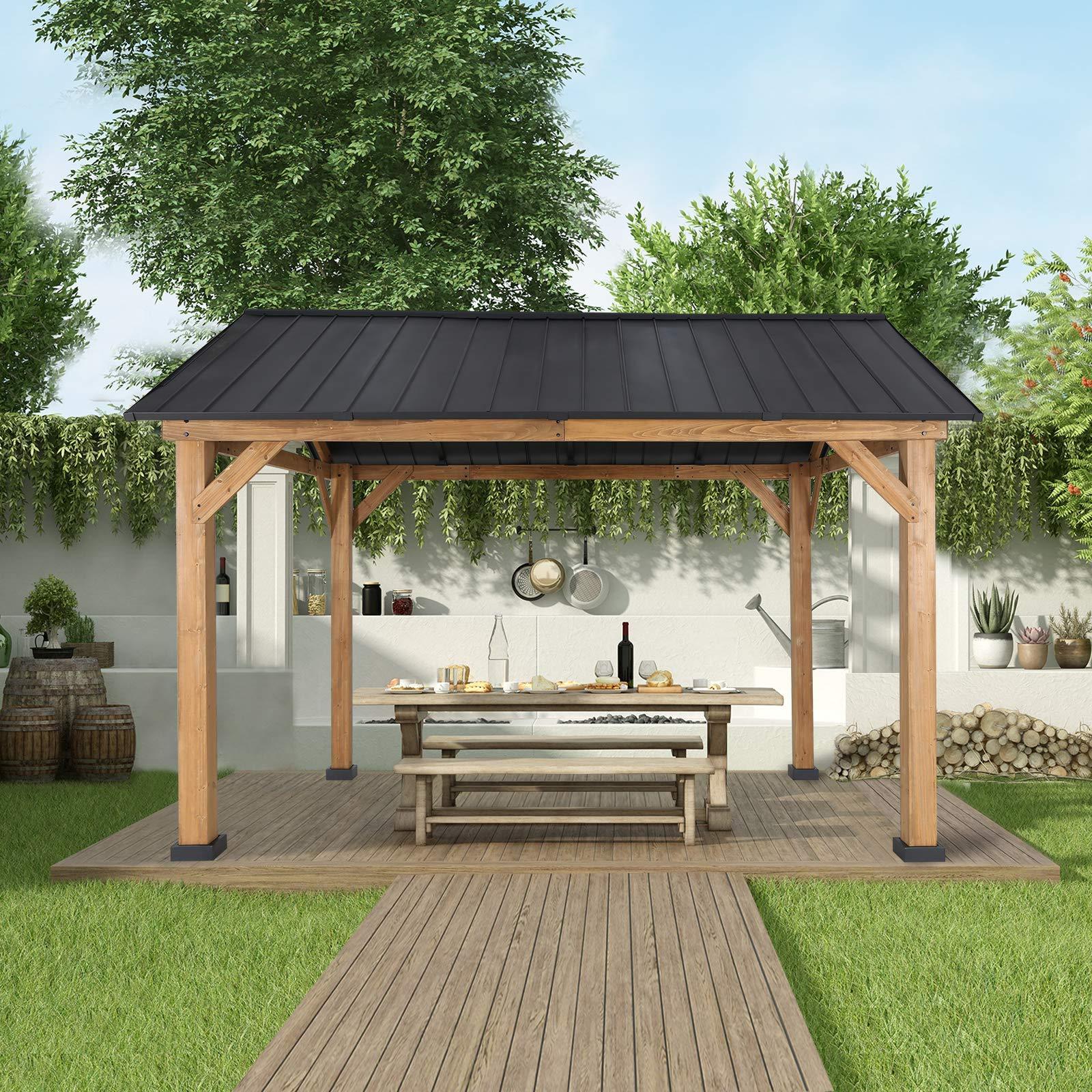 Wholesale 13'x11' Outdoor Cedar Framed Solid Wooden Pergola Gazebo with Black Steel Hardtop Roof Waterproof Aluminum Frame