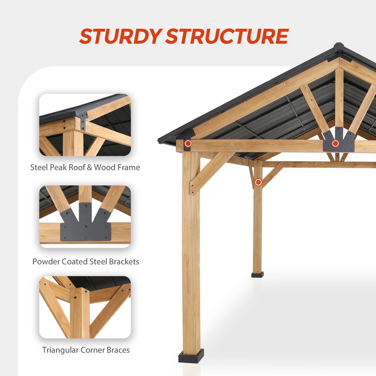 Wholesale 13'x11' Outdoor Cedar Framed Solid Wooden Pergola Gazebo with Black Steel Hardtop Roof Waterproof Aluminum Frame