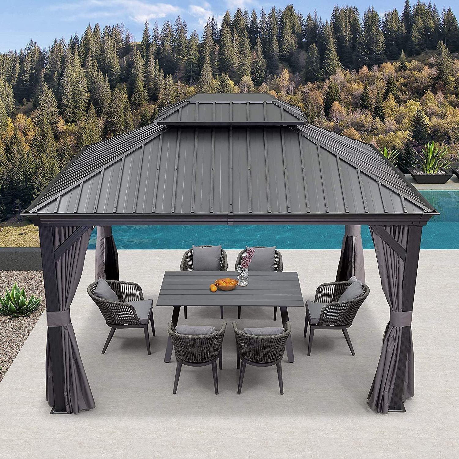 10x12 Ft Outdoor Hardtop Gazebo - Galvanized Steel roof with Curtains and netting