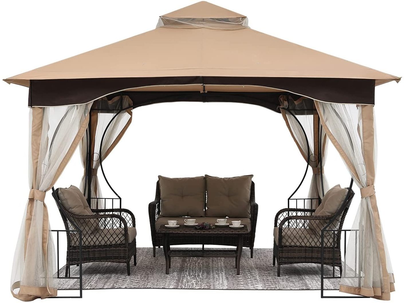 11x11ft New Style Waterproof With Double Roof And Arts Steel Design Metal Gazebo With Mosquito Netting For Outdoor Garden BBQ