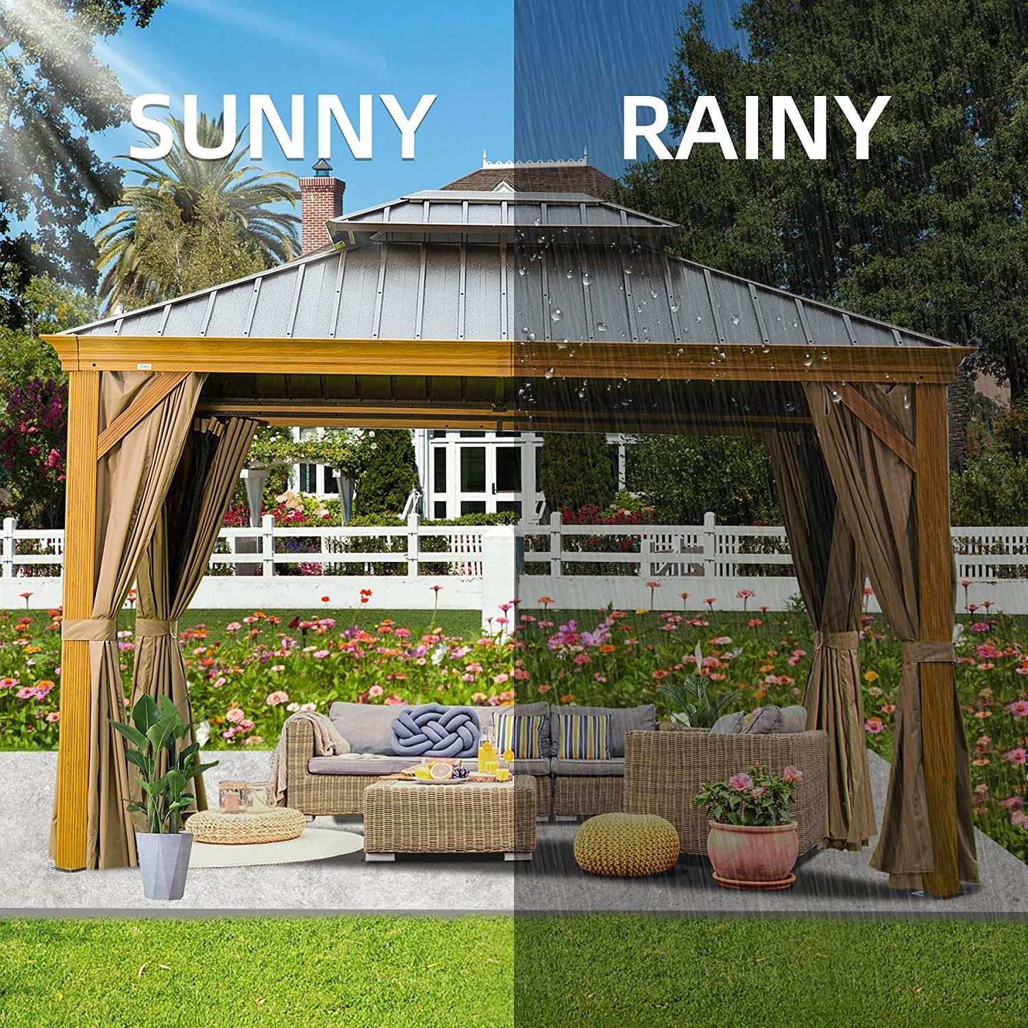 Wood Grain Hardtop Roof Aluminium Gazebo With Galvanized Steel Roof With Outdoor Curtains And Net For Outdoor Garden BBQ Party