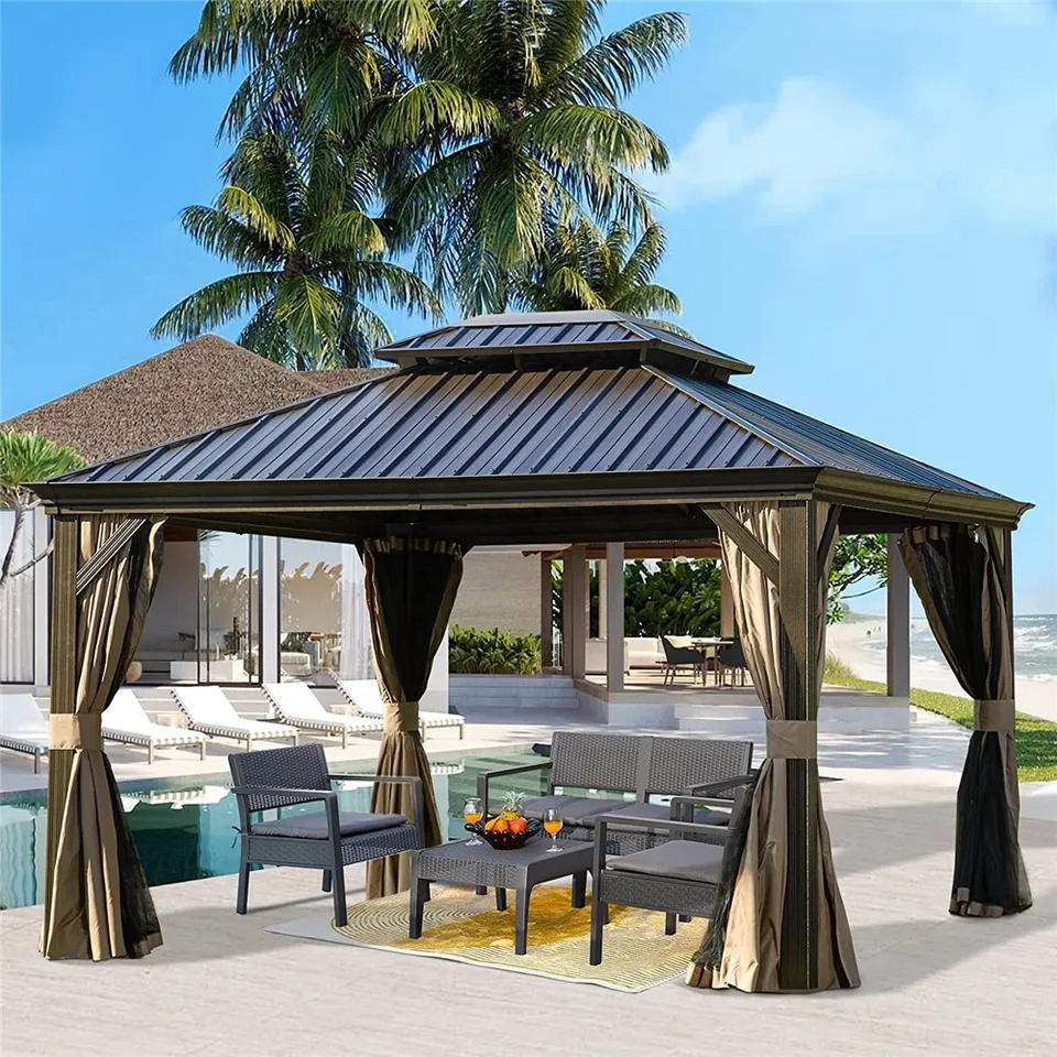 Wholesale 10x12ft pop up patio waterproof soft top metal roof frame garden canopy gazebo with sides