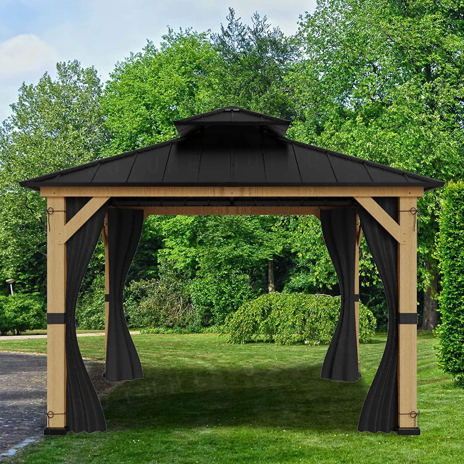 Factory Direct Luxury 10x12 10x10 Waterproof Aluminum Wood Grain Tent with Steel Curtain Metal Frame for Outdoor Use