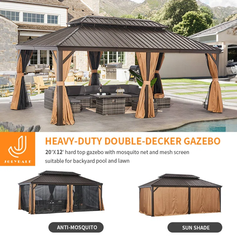 12' X 20' Hardtop Outdoor Aluminum Pergola PVC Canopy for Backyard Patio & Garden Side Curtains Mosquito Netting BBQ Gazebos