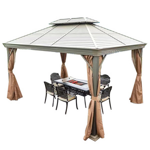 Modern 10'x12' Solid Wood Patio Gazebo Cedar Framed Outdoor Pavilion Cabana with Waterproof Black Steel Gable Hardtop Roof