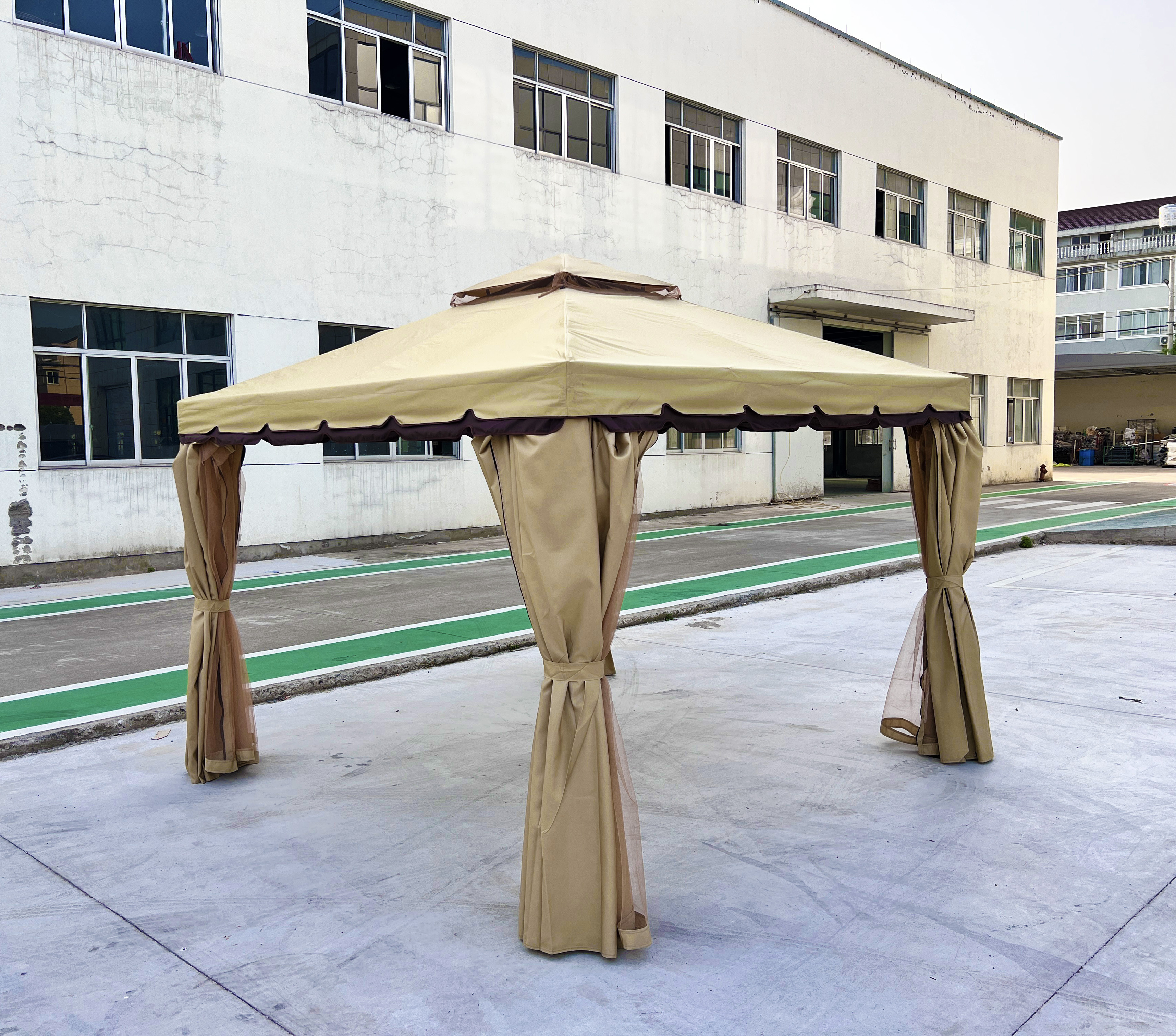 10'X10' Double Roof Aluminum Frame Sun Shelter Outdoor Pergola Rome Gazebo With Retractable Curtains And Mosquito Netting