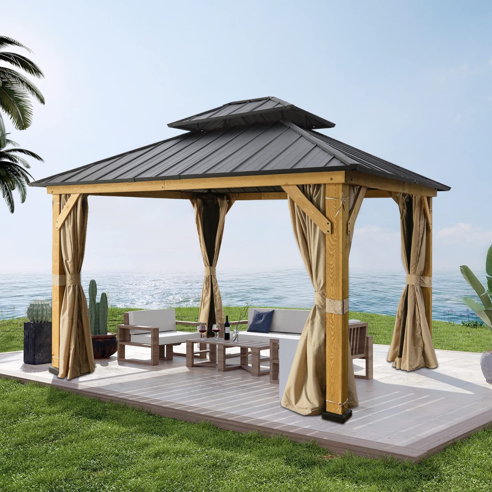 11x13 ft. Outdoor Cedar Framed Hardtop Double Roof Gazebo for Garden Patio Lawn and Party Mosquito Mesh Netting and Light Beige