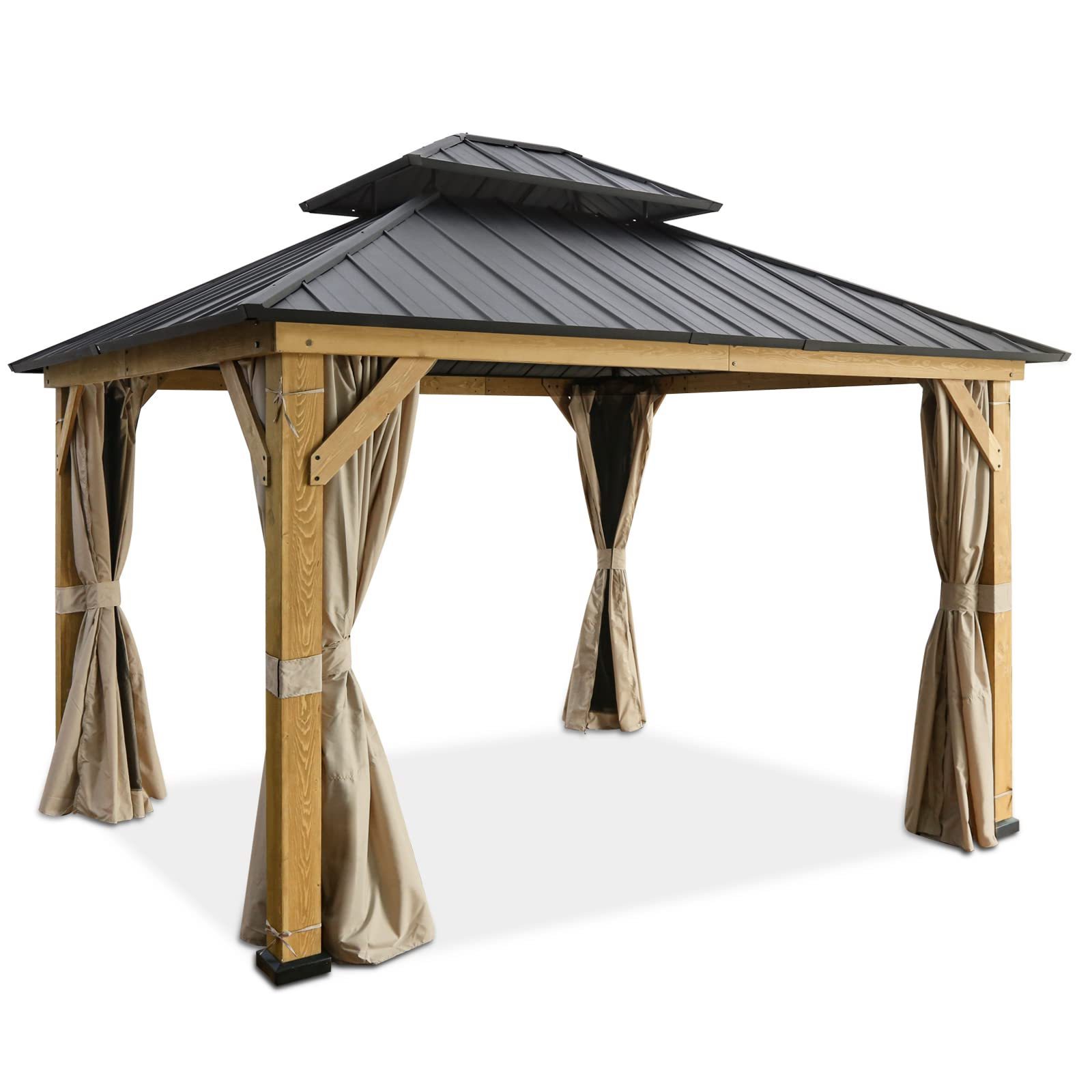 11x13 ft. Outdoor Cedar Framed Hardtop Double Roof Gazebo for Garden Patio Lawn and Party Mosquito Mesh Netting and Light Beige