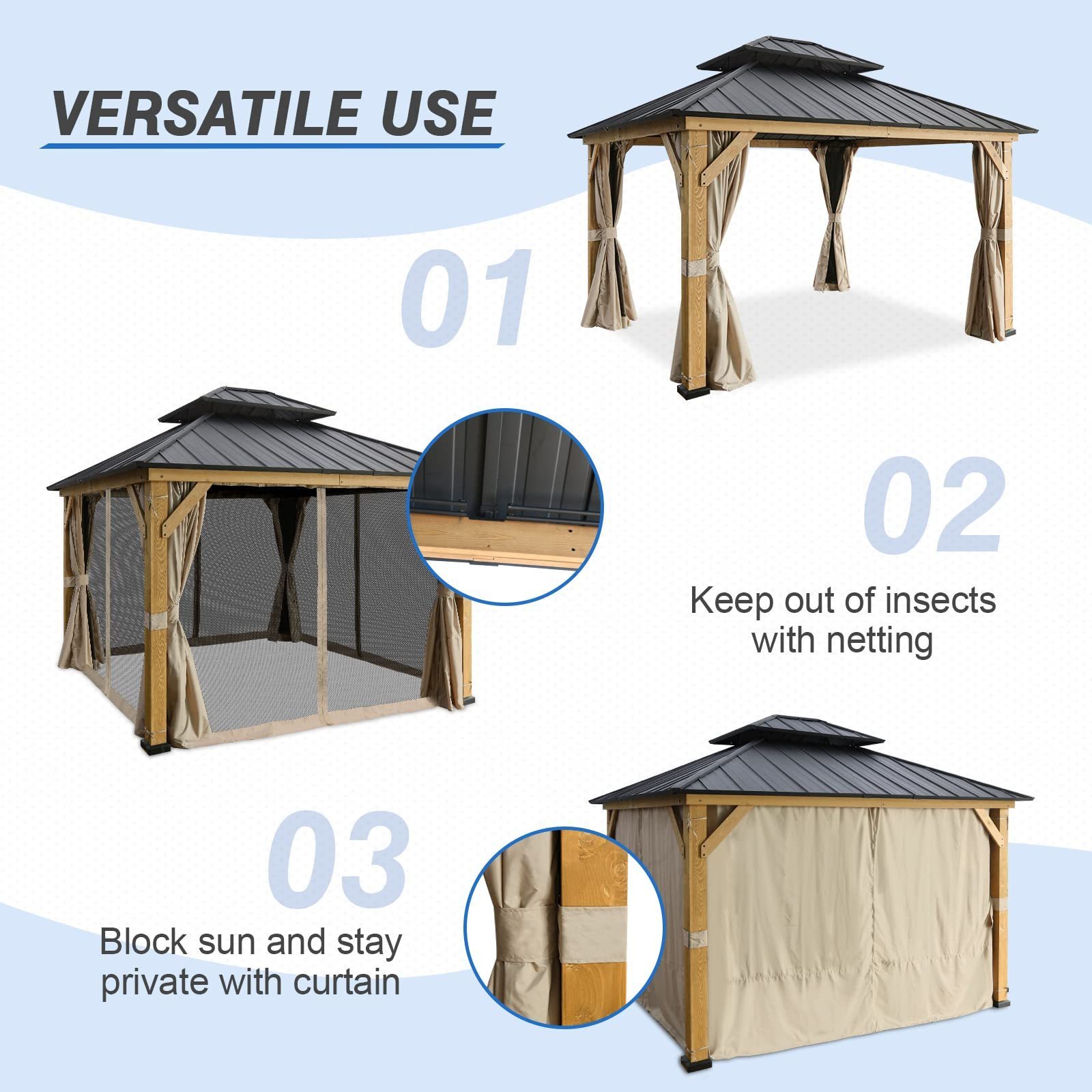 11x13 ft. Outdoor Cedar Framed Hardtop Double Roof Gazebo for Garden Patio Lawn and Party Mosquito Mesh Netting and Light Beige