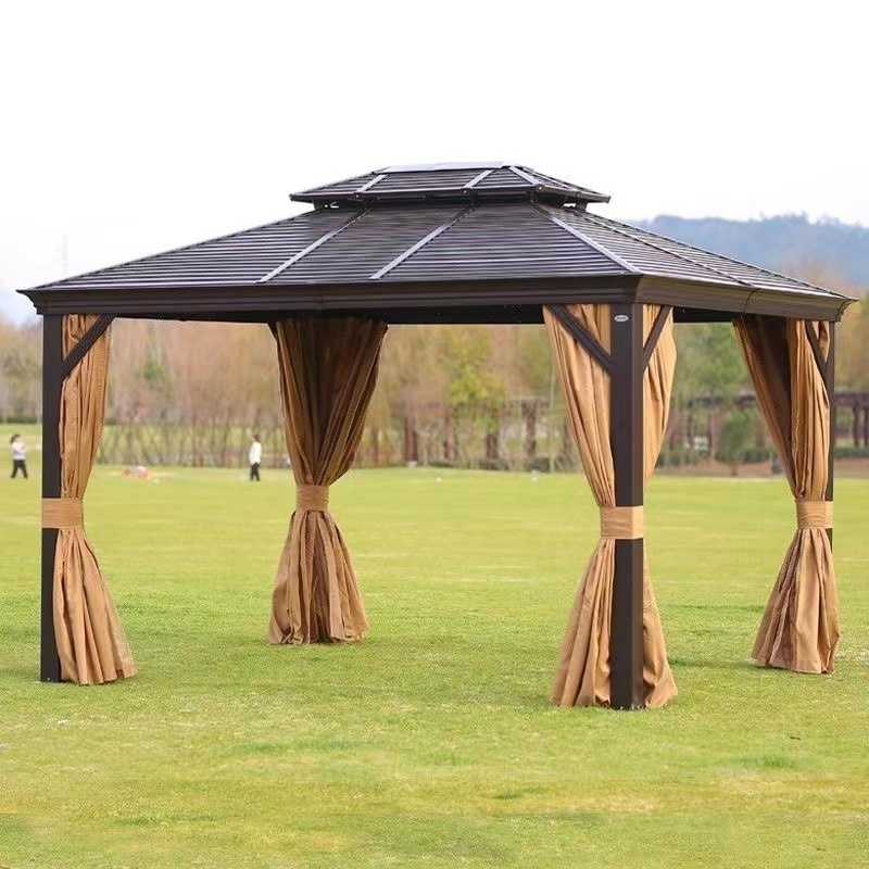 Modern 10'x12' Solid Wood Patio Gazebo Cedar Framed Outdoor Pavilion Cabana with Waterproof Black Steel Gable Hardtop Roof