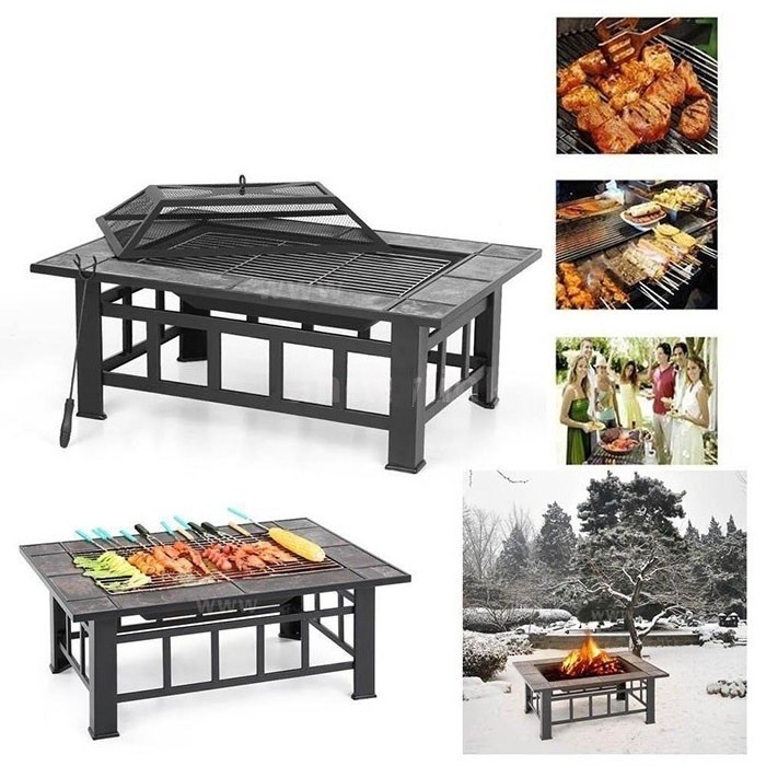 Backyard Garden Rectangular BBQ Fire Pit Table with Cover