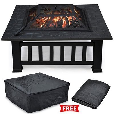 32'' Square Steel Patio Garden Outdoor BBQ Fire Pit Table