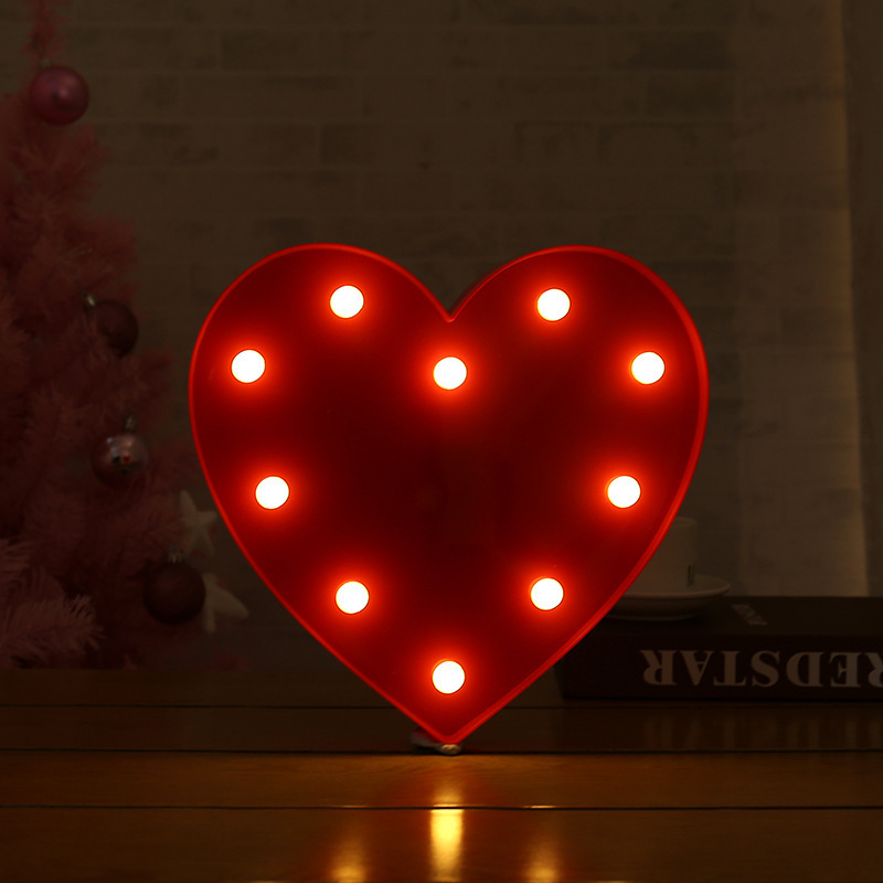 INS hot selling red heart shaped led light wedding party decoration 2 AA battery powered led night table light