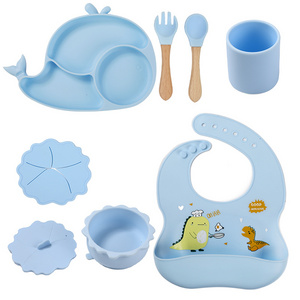 Hot wholesale custom BPA free and strong suction food grade silica gel divided plate fork spoon baby doll feeding set