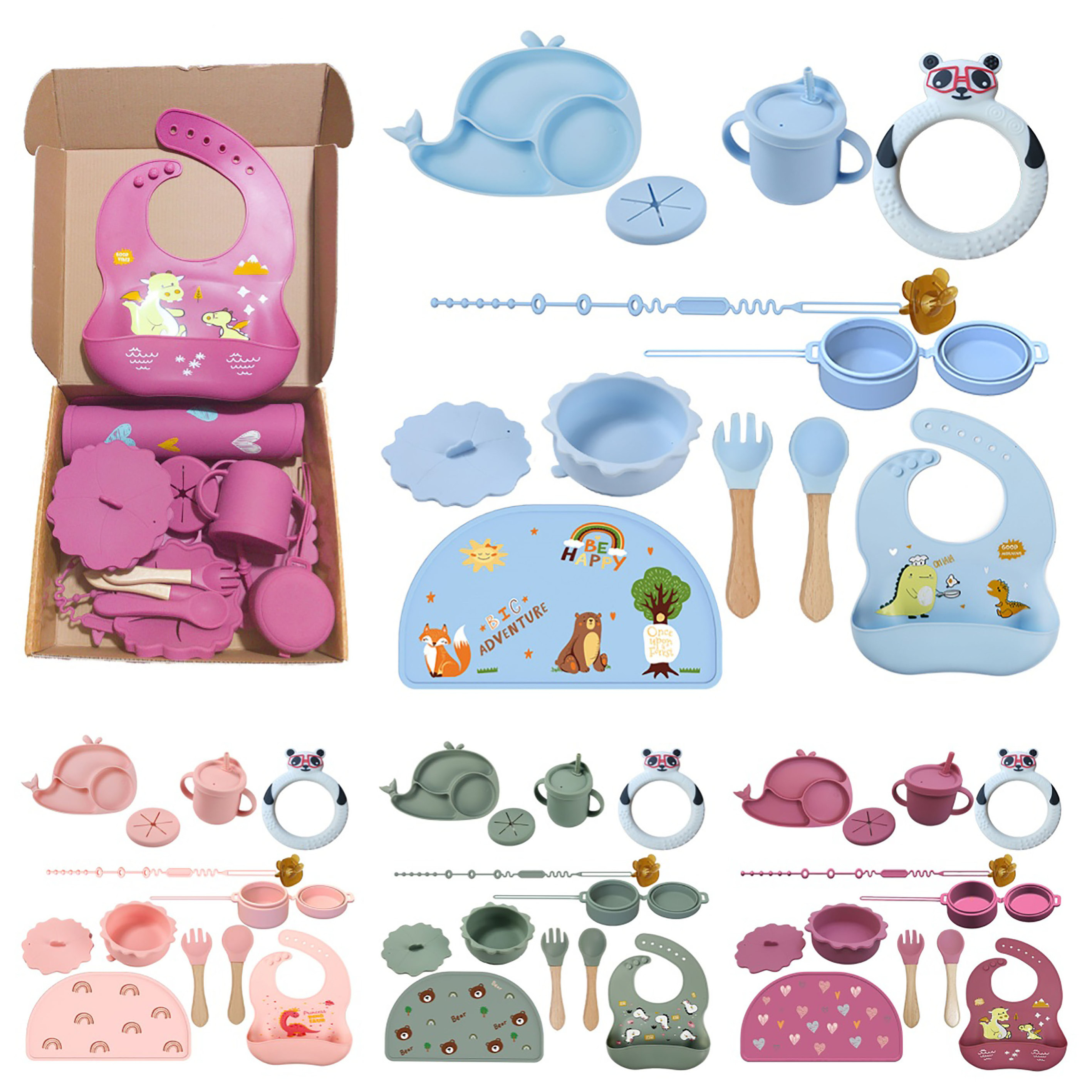 Hot wholesale custom BPA free and strong suction food grade silica gel divided plate fork spoon baby doll feeding set