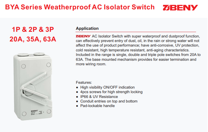 IP66 AC Isolator Switch  63A AC Electric AC Isolation Switch DISCONNECT SWITCH